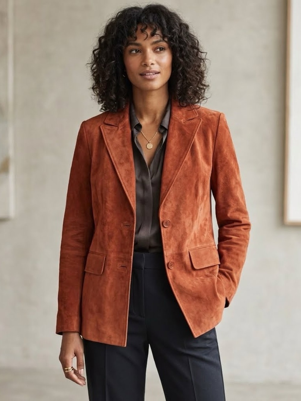 Massini Women's Suede Blazer Genuine Leather Rust Color Size S. Fitted 2 Button